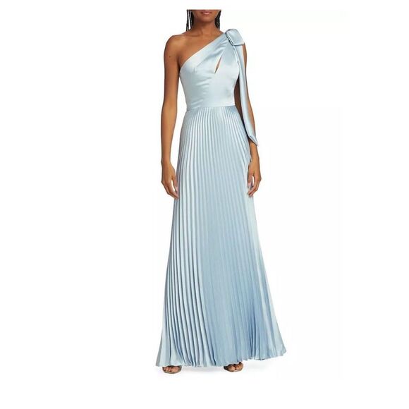 Amsale Womens Satin One-Shoulder Pleated Keyhole Sleeveless Gown Ice Size 6 - Picture 1 of 12